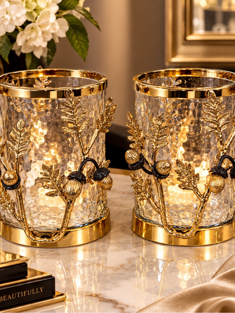 2 Gold Glass Hurricane Candle Holders – Elegant Home Accent